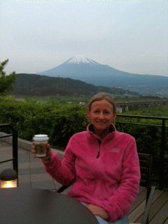 Writer Amy Chavez, living in Japan, enjoying Starbucks & Mt. Fuji